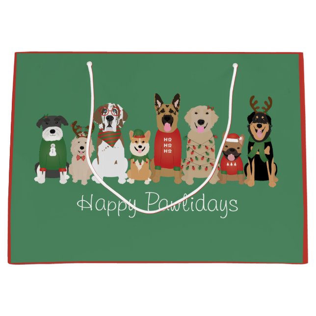 Grand Sac Cadeau Joyeux Pawlidays Chiens Red Green (Devant)