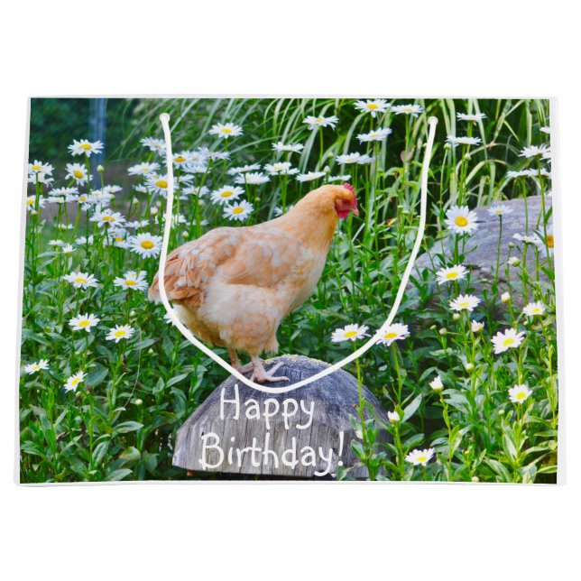 Grand Sac Cadeau Joyeux Poulet D'Anniversaire Avec Marguerites (Devant)