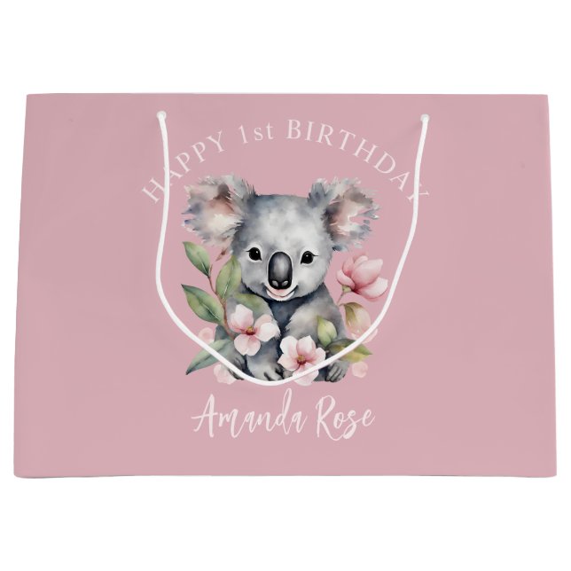 Grand Sac Cadeau Joyeux premier anniversaire aquarelle Koala (Devant)