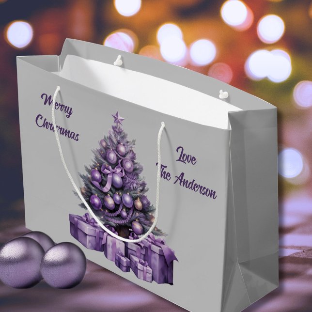 Grand Sac Cadeau Joyeux sapin de Noël violet (Nostalgic customizable large Christmas Bag )
