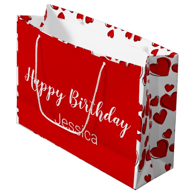 Grand Sac Cadeau Joyeux script d'anniversaire Coeurs blanc et rouge (Devant Angle)