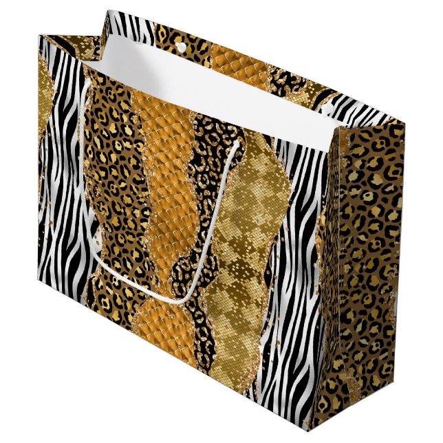 Grand Sac Cadeau Jungle Agate | Motif de texture d'animal Luxe (Devant Angle)
