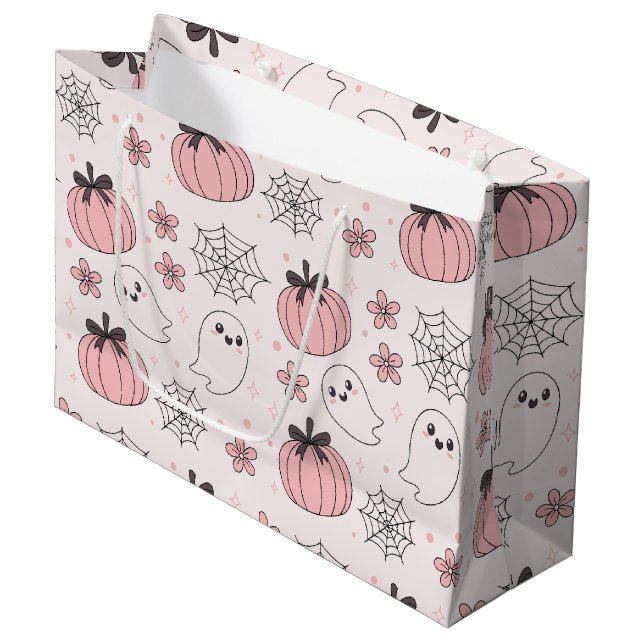Grand Sac Cadeau Kawaii Halloween rose Fantômes et Citrouilles (Devant Angle)