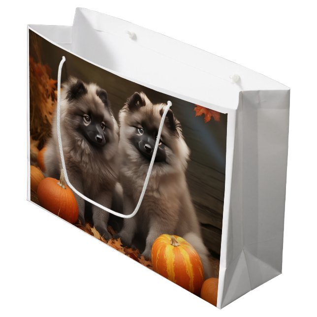 Grand Sac Cadeau Keeshond Chiot Automne Citrouille délice (Devant Angle)