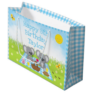 Grand Sac Cadeau Koala Bears Pique-nique Bleu En vichy Joyeux anniv