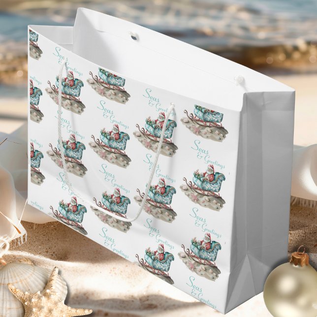 Grand Sac Cadeau La Chinoiserie de père Noël sur la plage (Santa’s Chinoiserie Sleigh on the Beach Large Gift Bag)