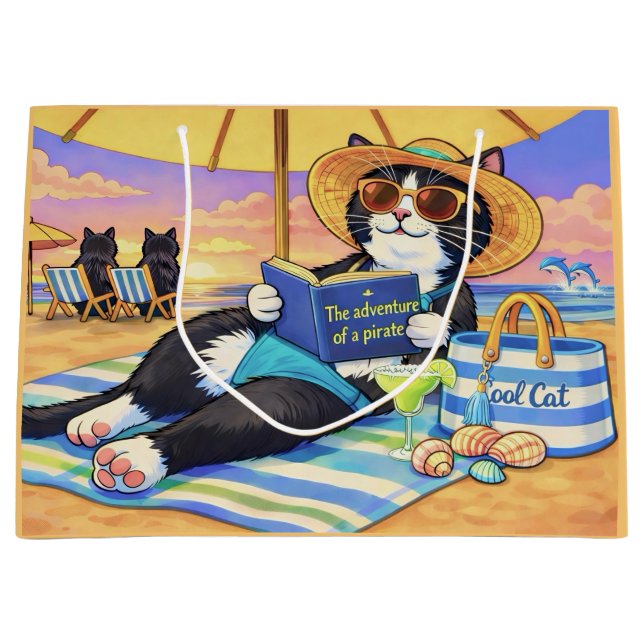 Grand Sac Cadeau La journée de plage parfaite,Chat (Devant)