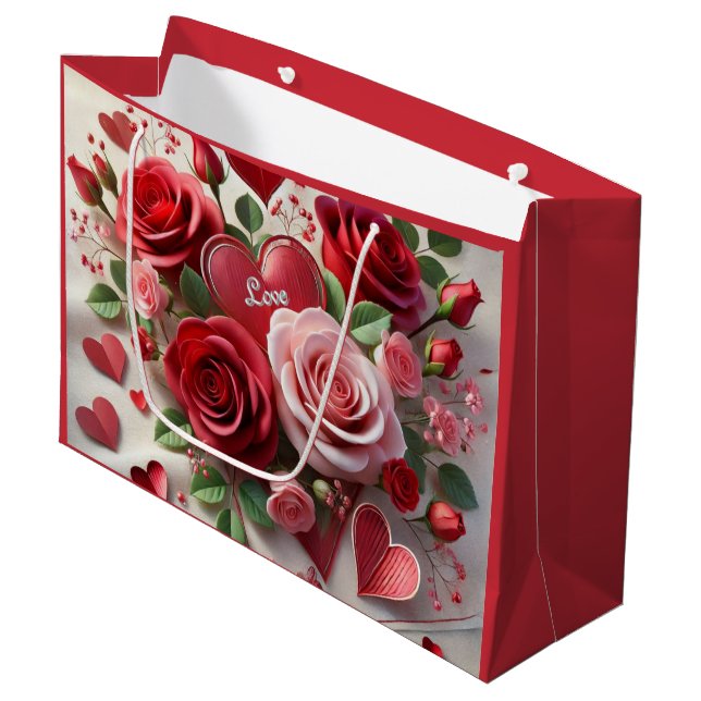Grand Sac Cadeau La Saint-Valentin Cœurs et Roses Rouges (Devant Angle)