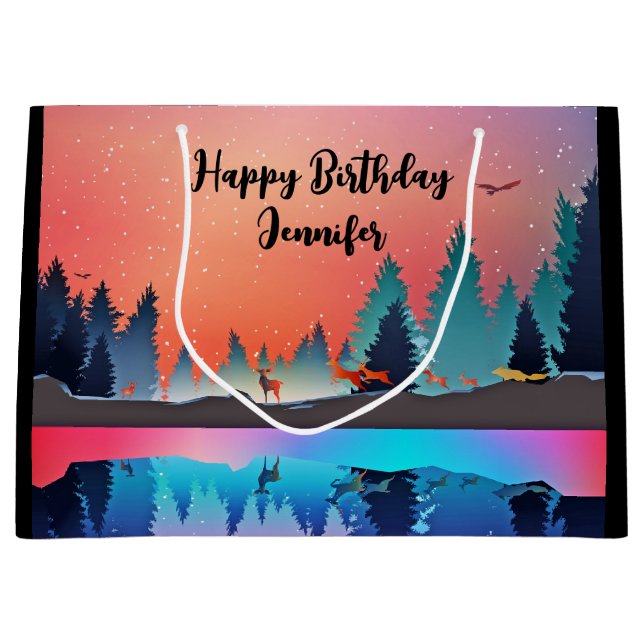 Grand Sac Cadeau Lac d'hiver pittoresque avec Anniversaire des Cerf (Devant)