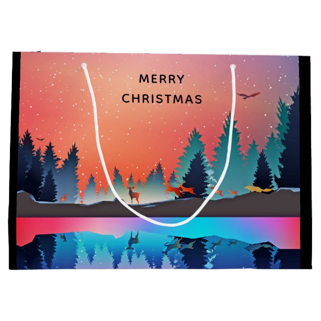 Grand Sac Cadeau Lac d'hiver pittoresque avec Noël aux cerfs (Dos)