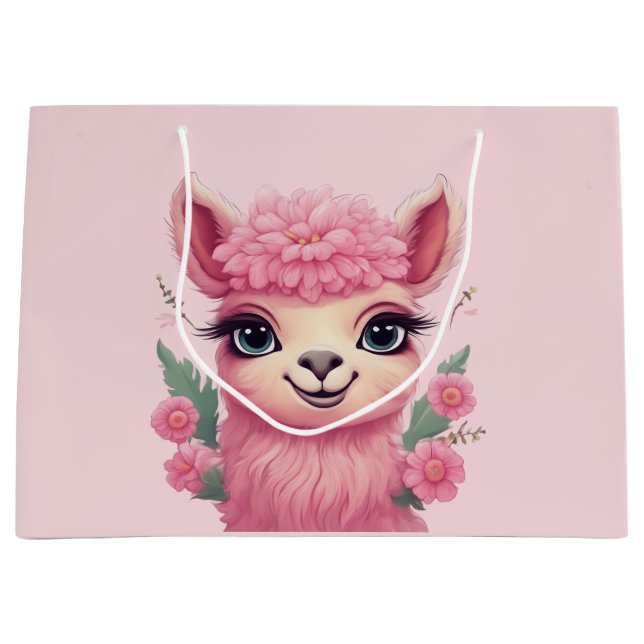 Grand Sac Cadeau Lama bébé rose souriant (Devant)