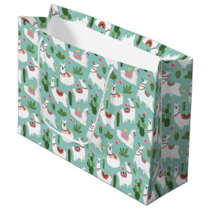 Grand Sac Cadeau Lamas mignons sur le motif turquoise