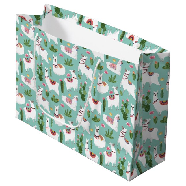 Grand Sac Cadeau Lamas mignons sur le motif turquoise (Devant Angle)