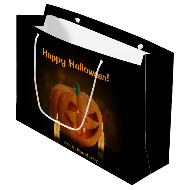 Grand Sac Cadeau Lanterne Citrouille d'Halloween avec bougies (Devant Angle)