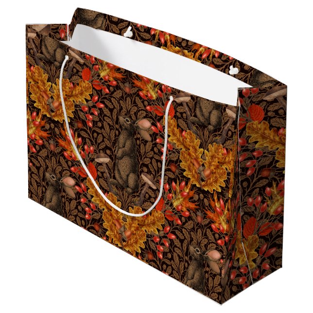 Grand Sac Cadeau Lapin d'automne sur brun (Dos Angle)