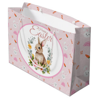Grand Sac Cadeau Lapin de Pâques à l'aquarelle avec couronne floral