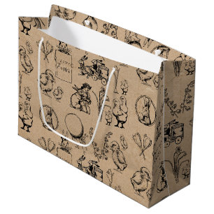 Grand Sac Cadeau Lapin de Pâques vintage et Kraft de poussins Brown