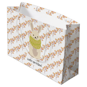 Grand Sac Cadeau Lapin d'hiver avec son écharpe rayée