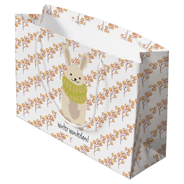 Grand Sac Cadeau Lapin d'hiver avec son écharpe rayée (Dos Angle)
