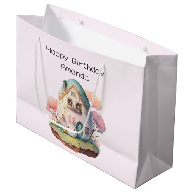Grand Sac Cadeau Lapin Lapin Rose Cute Style Kawaii Anniversaire (Devant Angle)