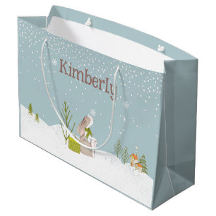 Grand Sac Cadeau Lapin personnalisé dans la neige de Noël