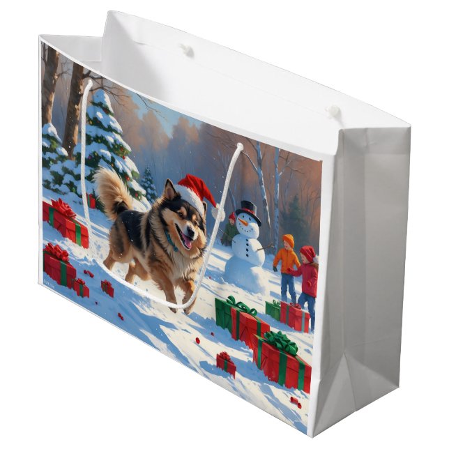 Grand Sac Cadeau Lapphund finlandais coule la neige avec le Casquet (Devant Angle)