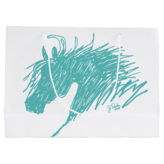 Grand Sac Cadeau L'art de la tête de cheval Abstraite bleue Turquoi