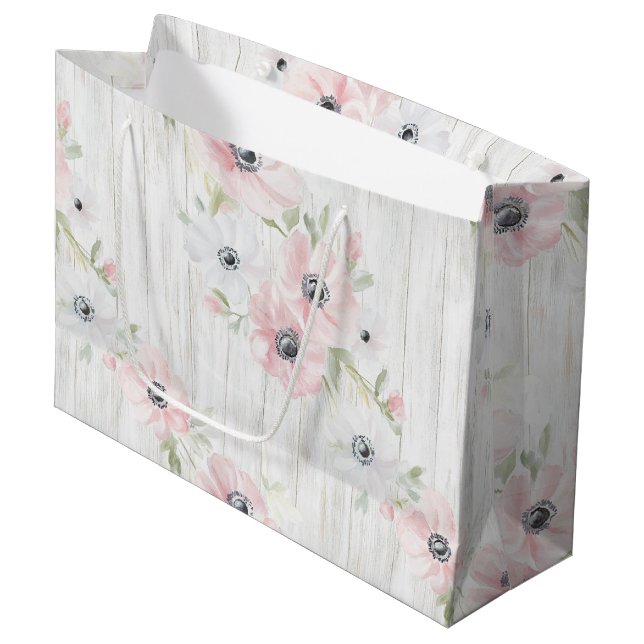 Grand Sac Cadeau Lavage de mariage fleurs roses et blanches chic (Devant Angle)