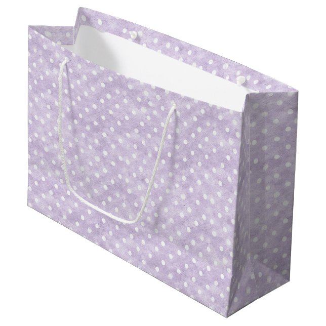 Grand Sac Cadeau Lavender White Polka Dots Birthday (Devant Angle)