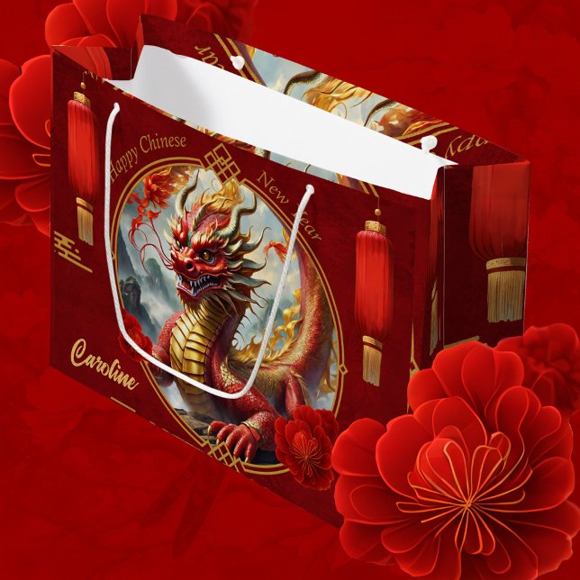 Grand Sac Cadeau Le dragon chinois rouge or vous souhaite une bonne (Créateur téléchargé)