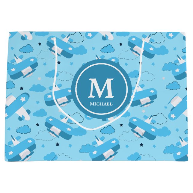 Grand Sac Cadeau Le monogramme de Cute White & Blue Planes et des e (Devant)