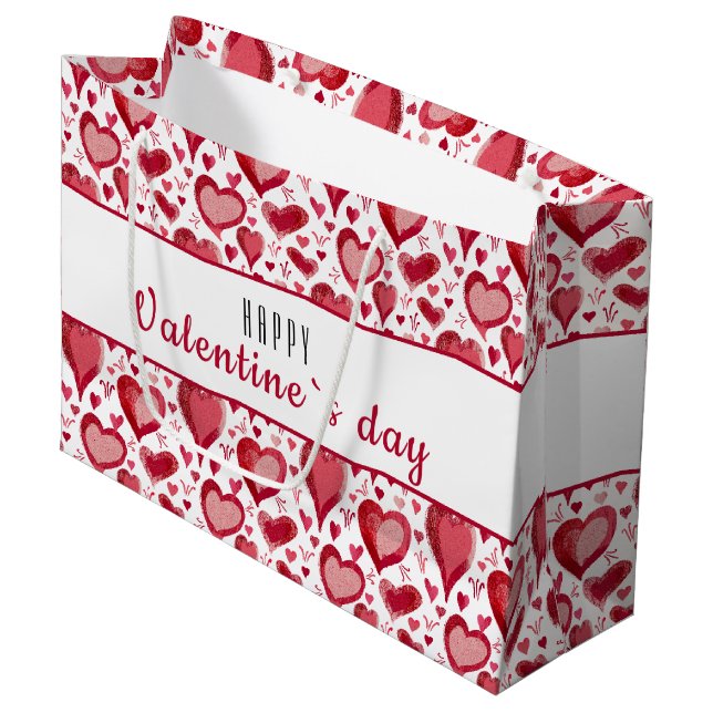 Grand Sac Cadeau Le Motif du Coeur Rouge Bonne Saint Valentin (Devant Angle)