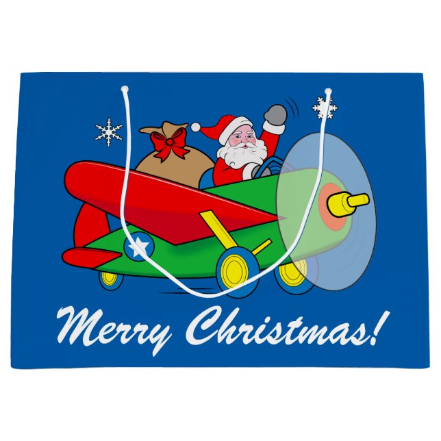 Grand Sac Cadeau Le Père Noël vole un avion rempli de cadeaux (Devant)