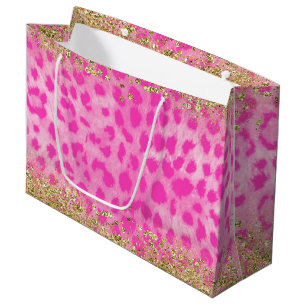 Grand Sac Cadeau Léopard Rose Guépard Animal Or Paillettes Tendance