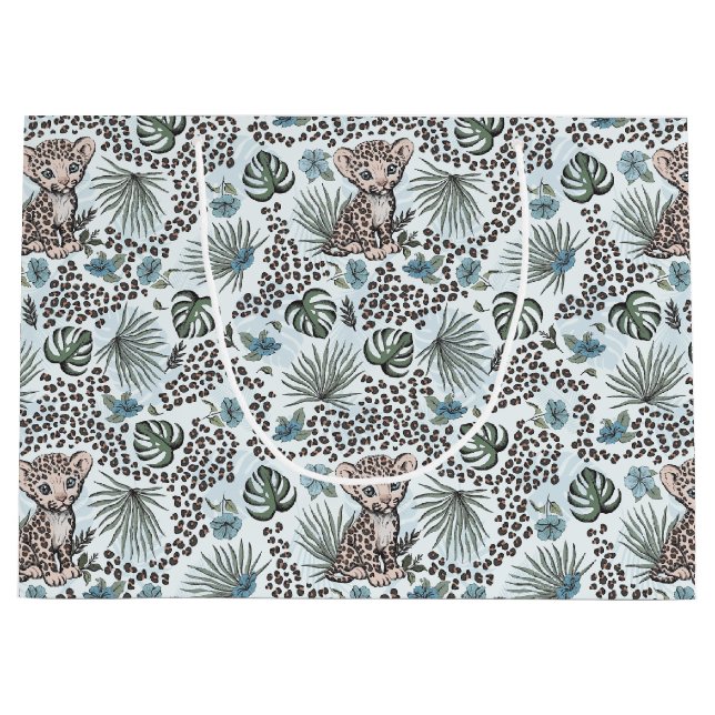 Grand Sac Cadeau Leopard Safari Baby Boy Jungle Floral (Devant)