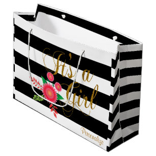 Grand Sac Cadeau Les rayures noires et blanches avec le rose