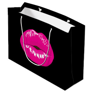 Grand Sac Cadeau Lèvres brillantes rose chaud sur noir