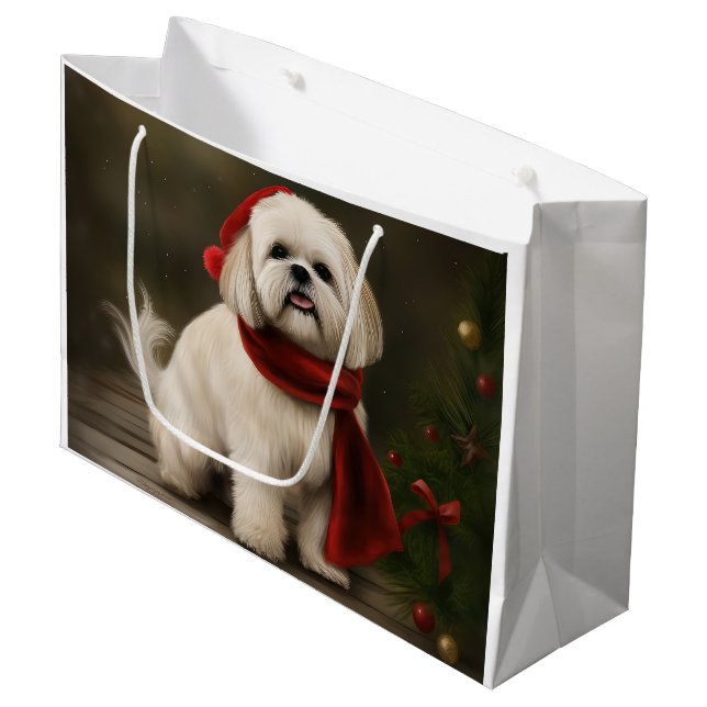Grand Sac Cadeau Lhasa Apso Chien dans Noël de neige (Devant Angle)