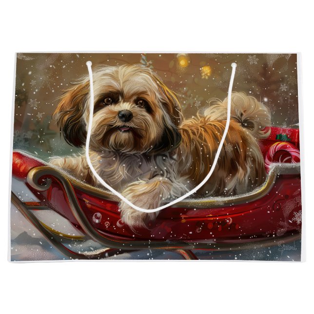 Grand Sac Cadeau Lhasa Apso chien festif de Noël (Devant)