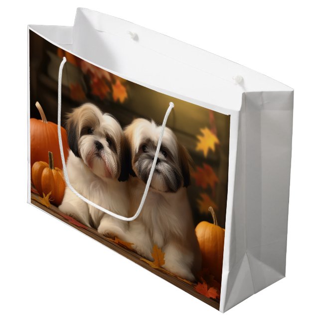 Grand Sac Cadeau Lhasa Apso Chiot Automne Citrouille de plaisir (Devant Angle)