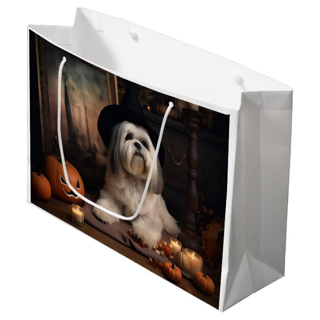 Grand Sac Cadeau Lhasa Apso Citrouille Halloween effrayant (Devant Angle)
