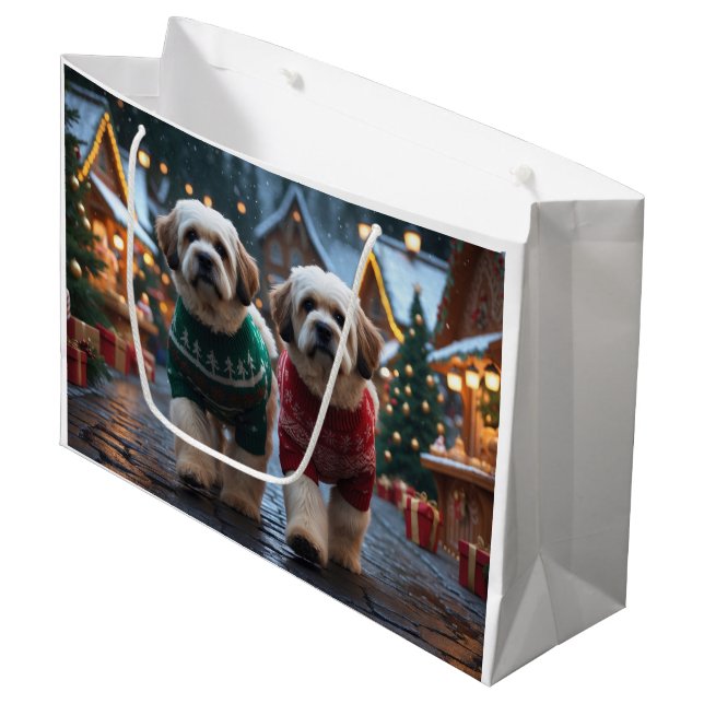 Grand Sac Cadeau Lhasa Apso Dogs Christmas Snow Holiday (Devant Angle)