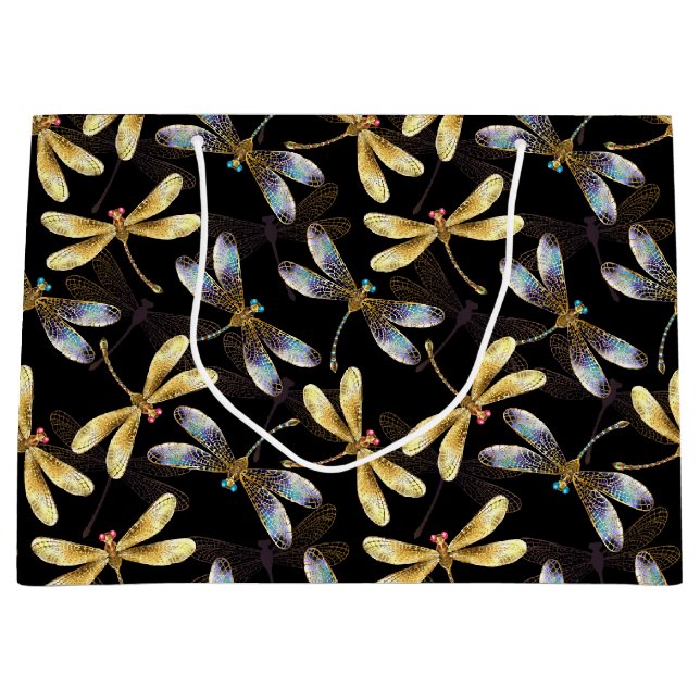 Grand Sac Cadeau Libellules dorées et argentées (Devant)