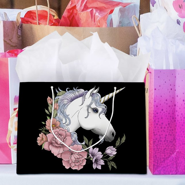 Grand Sac Cadeau Licorne blanche et fleurs (Créateur téléchargé)