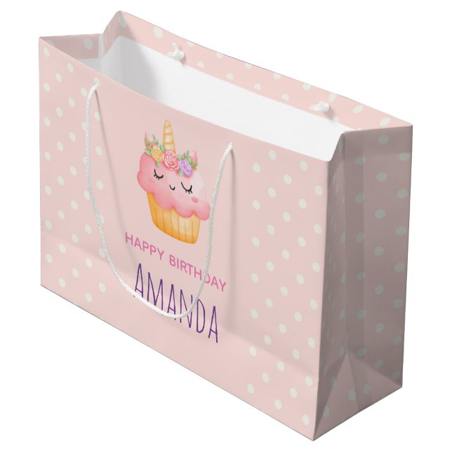 Grand Sac Cadeau Licorne Cupcake Rose Rose Clair Anniversaire (Devant Angle)