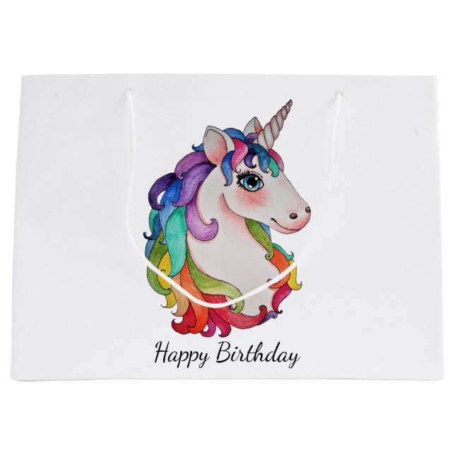 Grand Sac Cadeau Licorne d'aquarelle avec des cheveux d'arc-en-ciel (Devant)