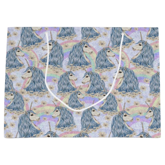 Grand Sac Cadeau Licornes bleues avec des arcs-en-ciel (Devant)