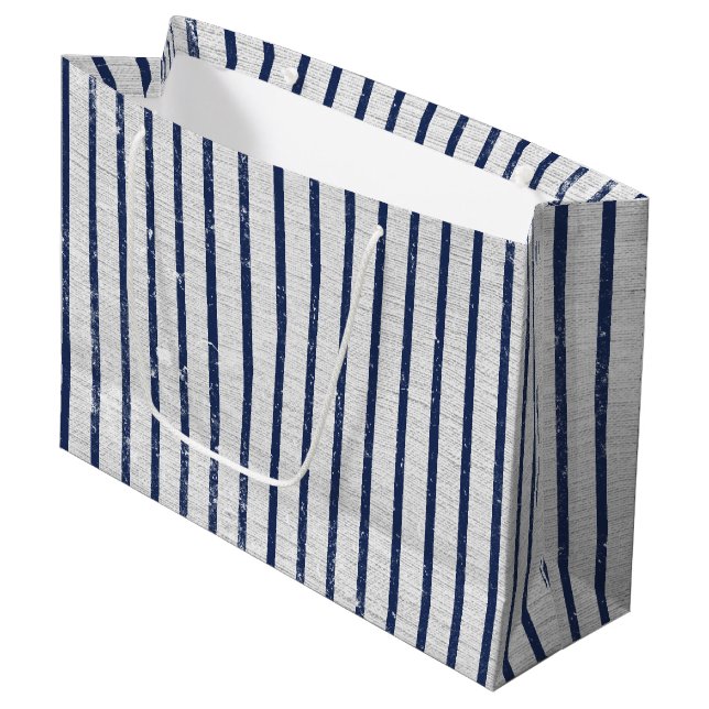 Grand Sac Cadeau Lin gris rustique et Motif bleu marine (Devant Angle)