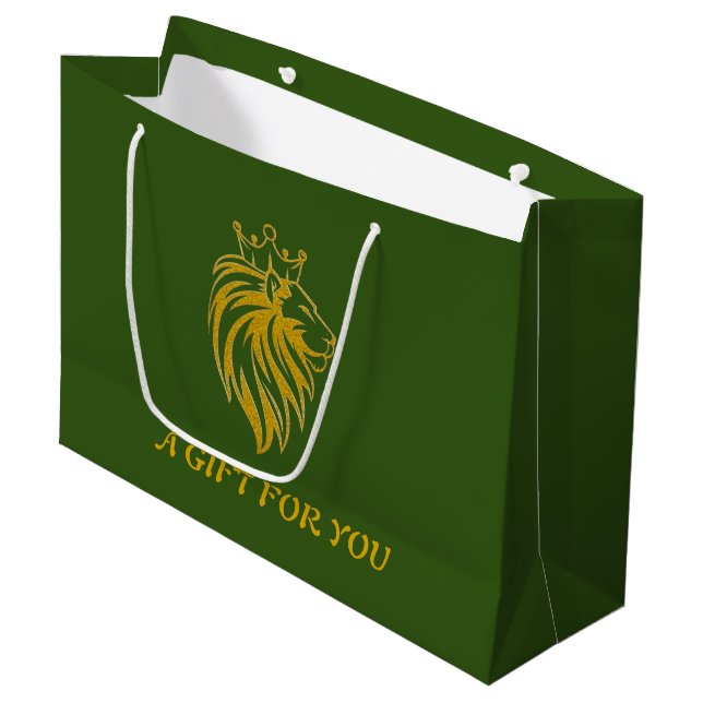 Grand Sac Cadeau Lion Avec Couronne - Style Or 2 (Devant Angle)