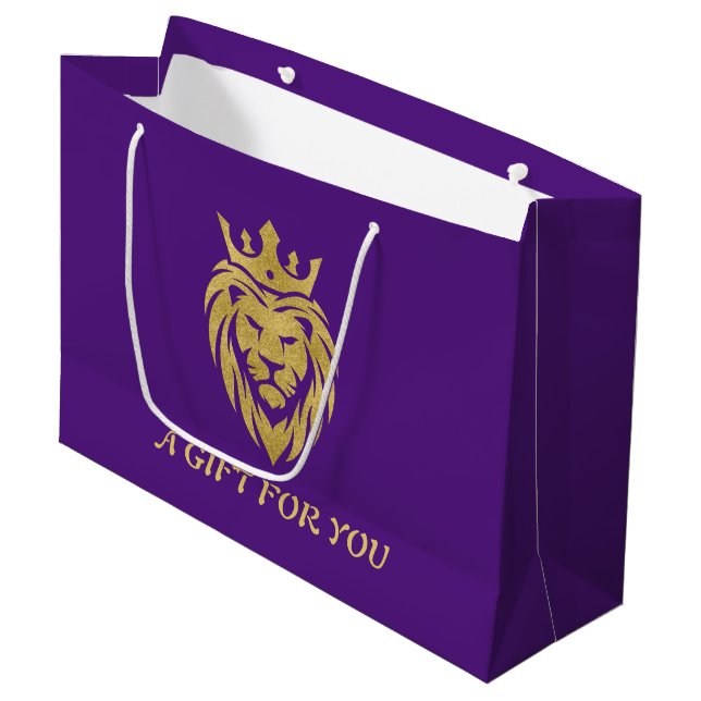 Grand Sac Cadeau Lion Avec Couronne - Style Or 3 (Devant Angle)